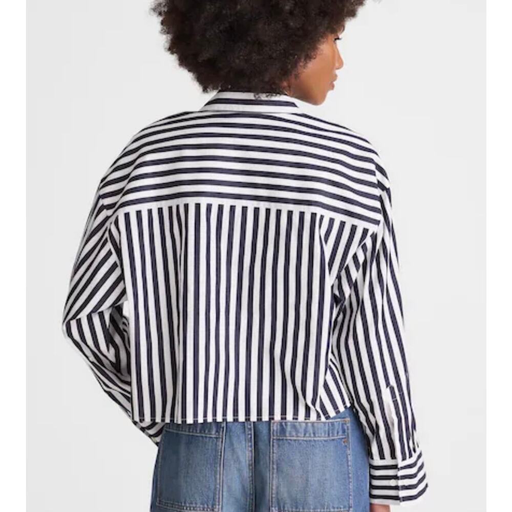 Madewell Striped Cropped Button Down Shirt Navy White Boxy Cotton Top S - Picture 2 of 10
